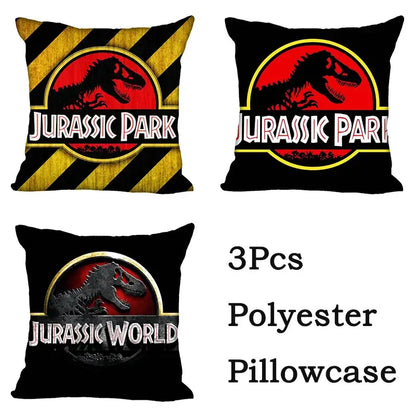 Set of three polyester decorbites jurassic park dinosaur pillowcases with black yellow red and metallic silver designs