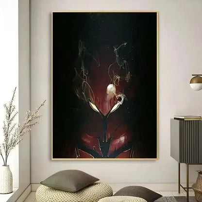 A framed DecorBites™ kawaii cat anime canvas wall art featuring a dark abstract design with glowing eyes and red smoke patterns