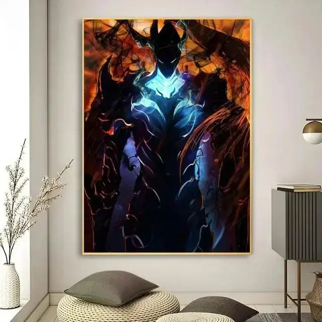 A framed anime canvas wall art featuring a dark armored figure with glowing blue accents on orange background