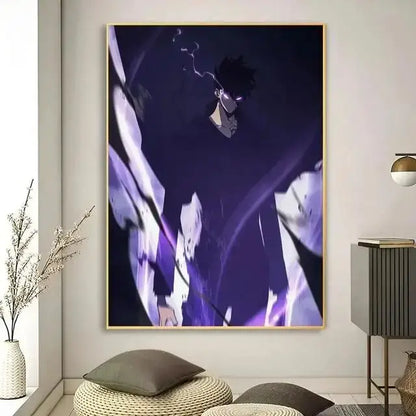 Decorbites kawaii cat anime canvas wall art with dark-haired character and glowing eyes on purple and black energy background
