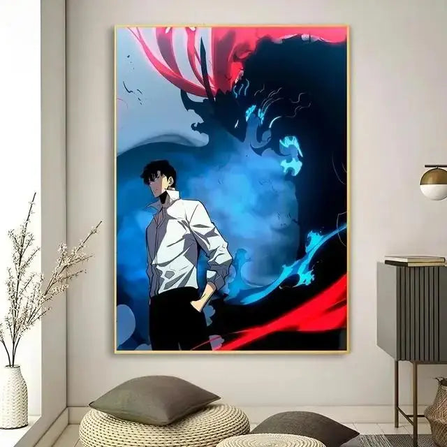 Decorbites™ kawaii cat anime canvas wall art featuring a character in a white shirt with red and blue energy background