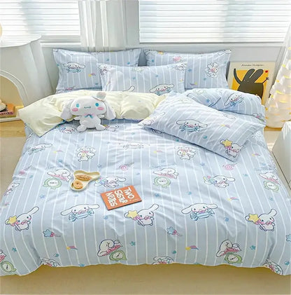 Decorbites™ kawaii cinnamoroll bedding set featuring light blue striped duvet cover with playful pastel cartoon pattern