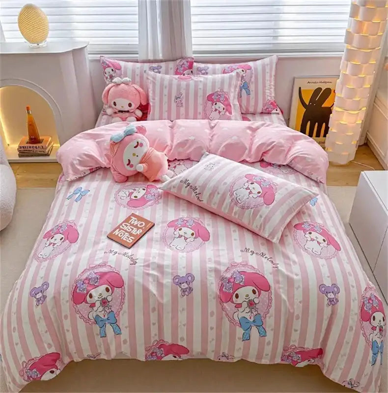 Pink and white striped my melody-themed duvet cover bedding set with soft plush fabric for cinnamoroll bedding set decor