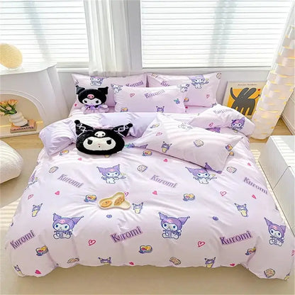 Pastel pink cinnamoroll bedding set with kuromi-themed duvet cover and plush black and purple character pillows