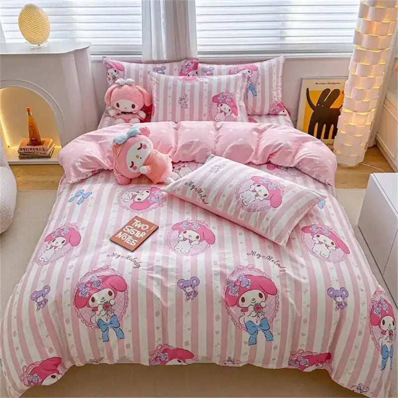 Decorbites kawaii cinnamoroll bedding set with pink and white striped duvet cover made of soft plush fabric