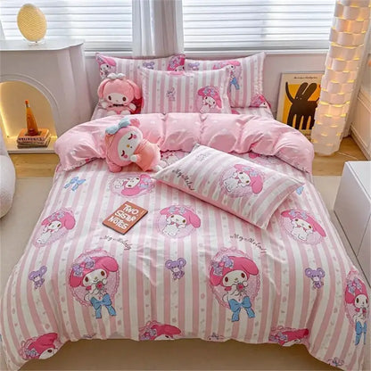 Decorbites kawaii cinnamoroll bedding set with pink and white striped duvet cover made of soft plush fabric