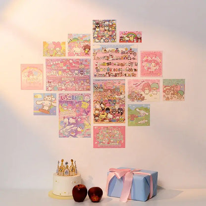 A collection of colorful kawaii hello kitty monthly posters arranged in a heart shape for decorbites monthly poster set