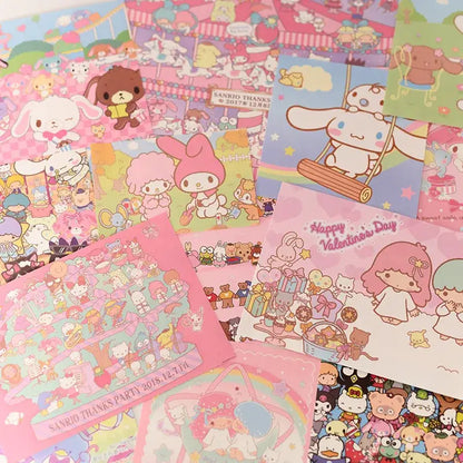 A kawaii hellokitty monthly poster set featuring pastel sanrio-themed stationery with my melody and cinnamoroll designs