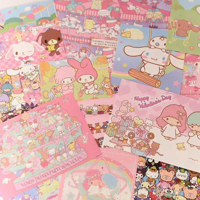 A pastel-colored kawaii hellokitty monthly poster set featuring sanrio characters like my melody and cinnamoroll