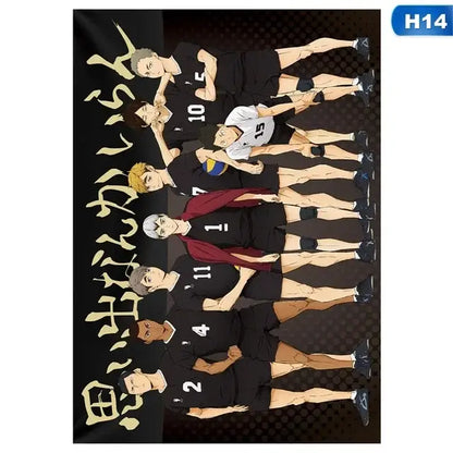 Black and white haikyuu anime canvas wall art featuring a volleyball team in matching uniforms with one player holding a ball