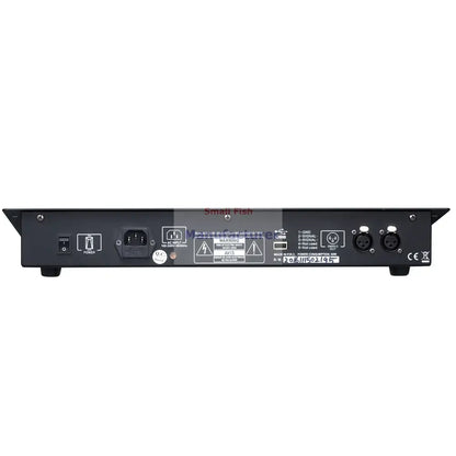 Black metal audio mixer with multiple ports and power switch shown from back in decorbites king kong lighting console