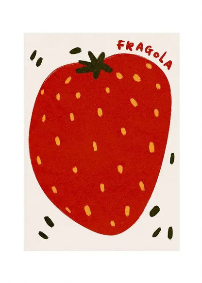 A vibrant red strawberry illustration with yellow seeds on a cream card in decorbites kitchen gallery wall prints