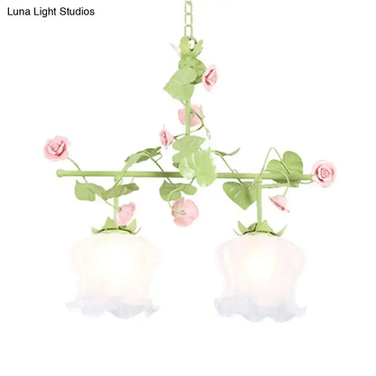 Decorbites korean garden hanging light fixture with pastel pink green floral design two e26 e27 soft-lit glass shades