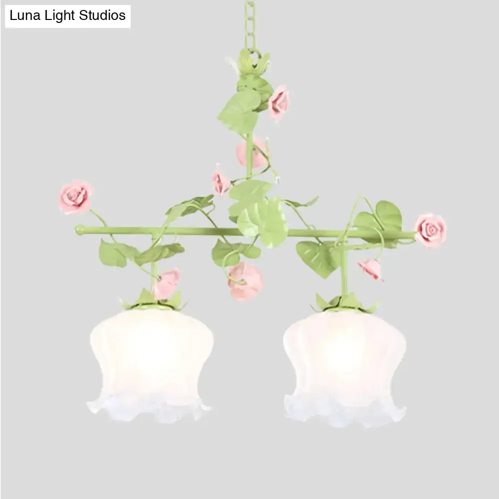 DecorBites Korean Garden hanging light fixture with pastel pink green floral design and two frosted white glass shades e26 e27
