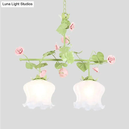 DecorBites Korean Garden hanging light fixture with pastel pink green floral design and two frosted white glass shades e26 e27