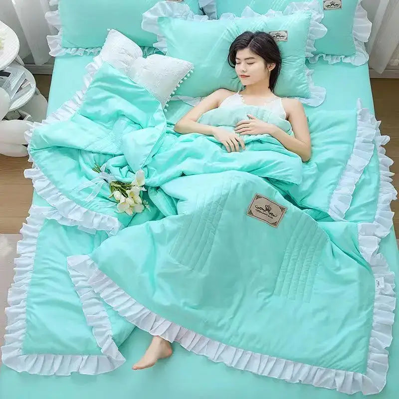 Mint green quilted summer quilt with princess ruffles and white lace trim from decorbites korean princess ruffles set