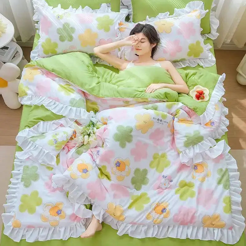 Decorbites korean princess ruffles embroidered quilt set pastel floral summer quilt in soft green pink yellow cotton finish