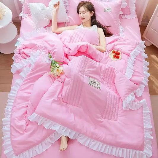 Pink quilted summer quilt with white princess ruffles trim and decorative patch from decorbites korean princess ruffles set