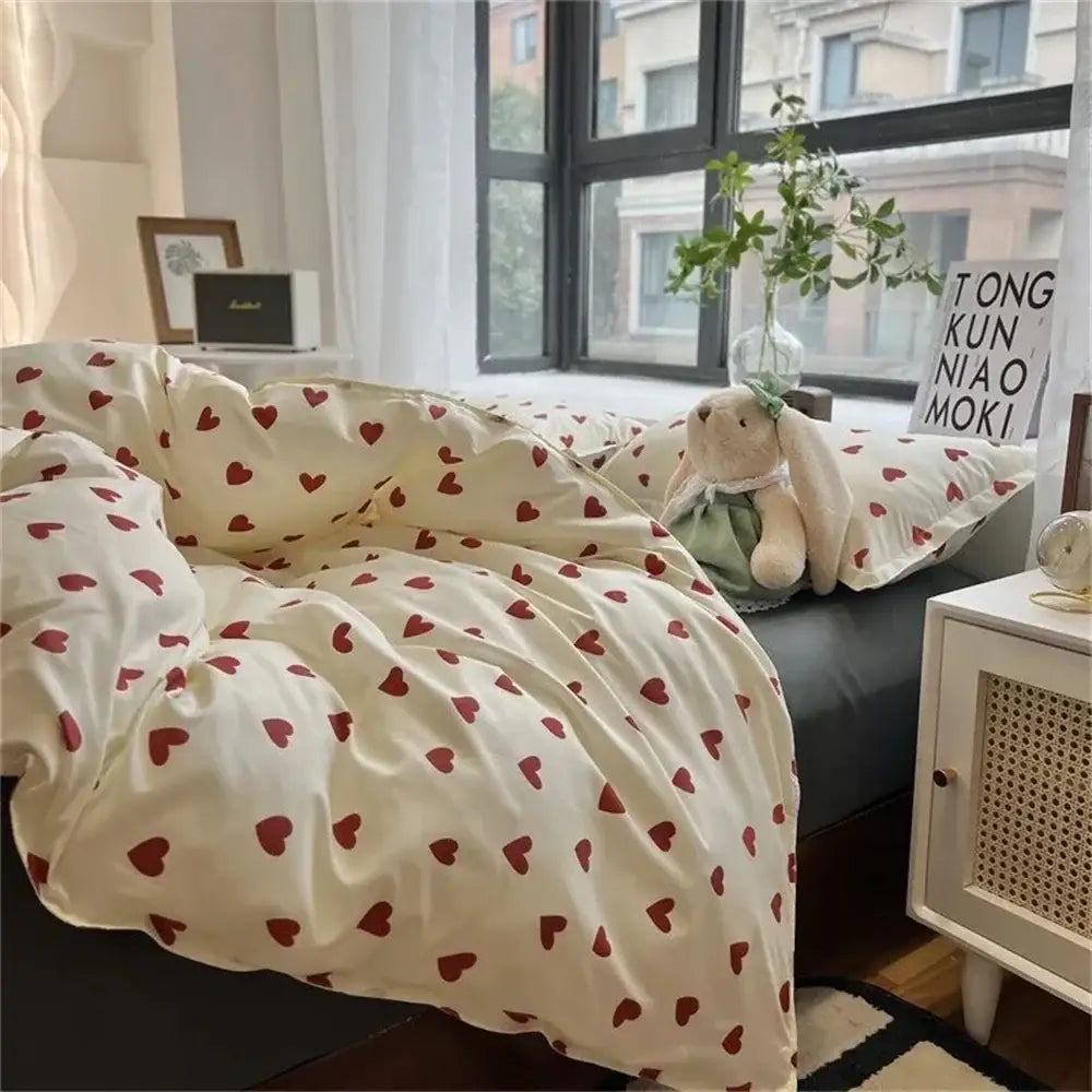 Cream-colored korean style duvet cover with red heart patterns in soft fabric for cozy bedding set twin to queen sizes