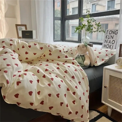 Cream-colored korean style duvet cover with red heart patterns in soft fabric for cozy bedding set twin to queen sizes