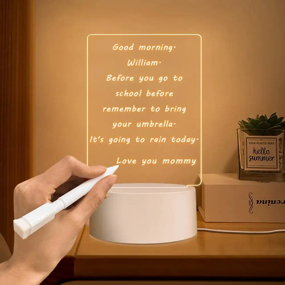 A sleek white cylindrical led desk lamp with decoration usb dc5v projecting a glowing message board display