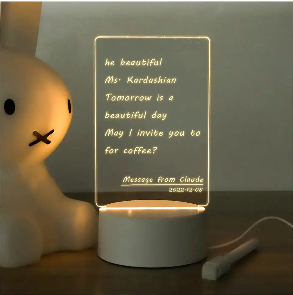 A glowing rectangular led message board lamp with translucent text for desk decoration usb dc5v use