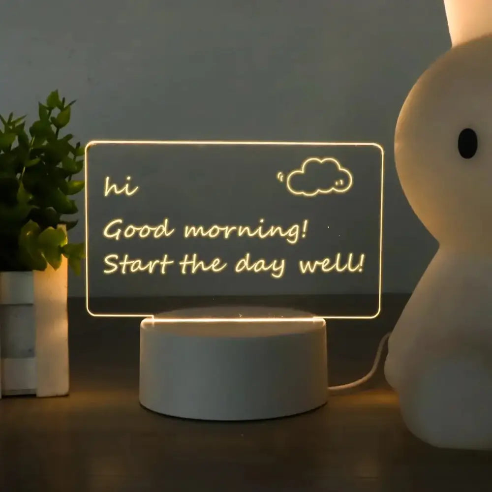 A glowing white led decorbites lamps message board with rectangular usb dc5v panel displaying hi good morning text for desk decoration