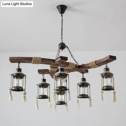 Rustic wooden decorbites lantern restaurant island light with five clear glass led incandescent fluorescent lanterns
