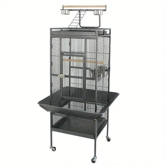 Black metal large bird cage with wooden perches and feeding stations on wheeled stand by decorbites steel frame