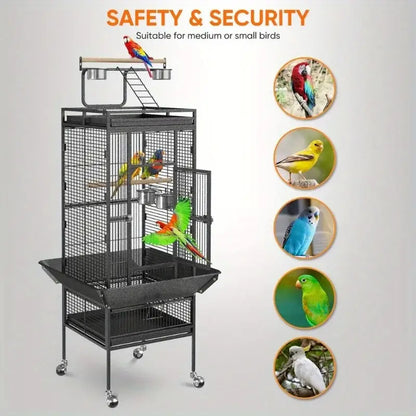 Black large bird cage by DecorBites™ with multiple levels, perches, and food bowls made of non-toxic steel