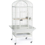 Decorbites large chalk white bird cage with arched top, white metal, wooden perch, and tray base on wheels
