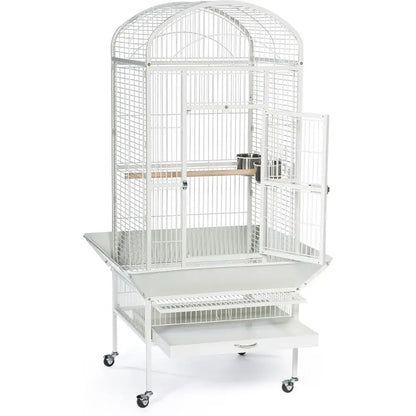 DecorBites large chalk white bird cage in white metal with arched top, wooden perch, and wheeled base