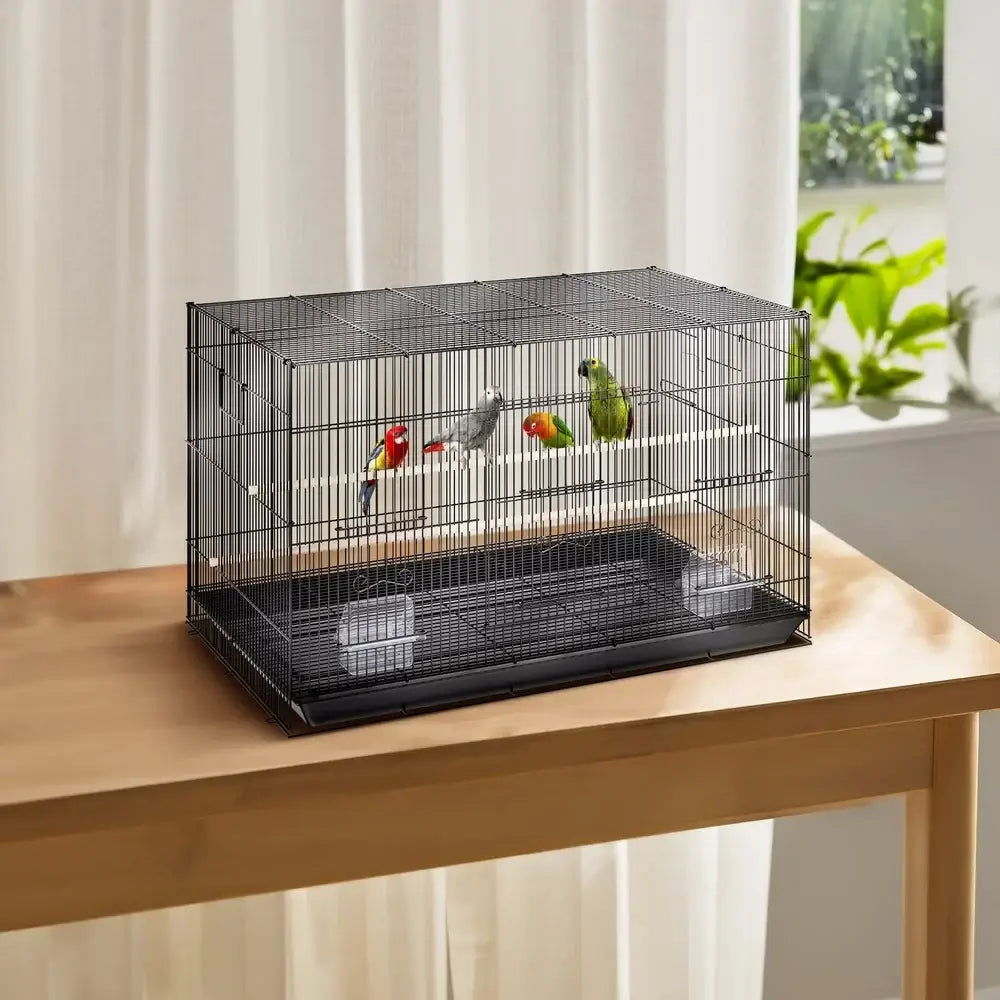 Black large metal bird cage by decorbites with multiple perches and food containers for cockatiels and parakeets