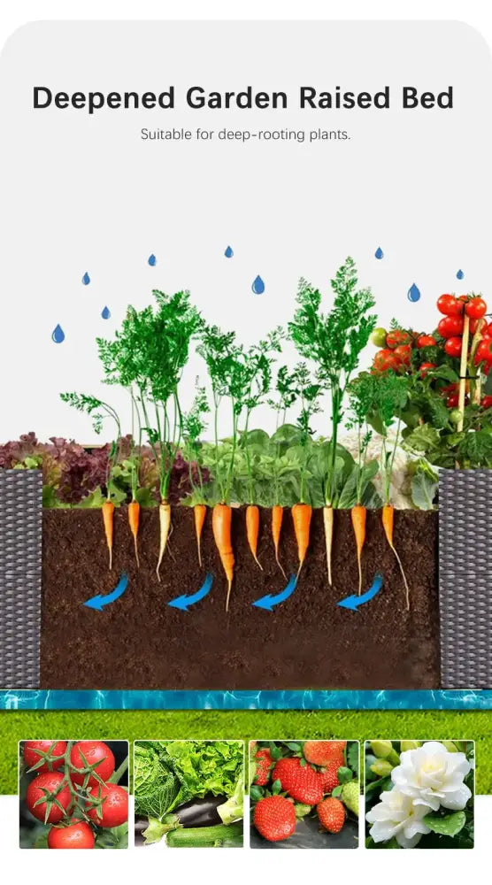 Deepened garden raised bed with woven gray sides and rich soil in decorbites large plastic flower pot for outdoor gardening