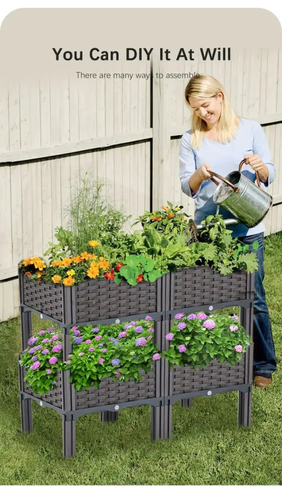 Dark gray woven plastic large flower pot with two tiers and sturdy frame for indoor and outdoor gardening