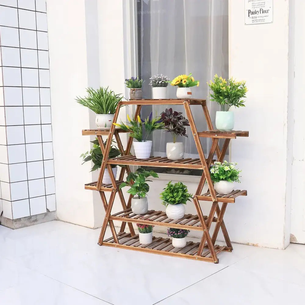 Decorbites™ large wood flower rack plant stand with five-tiered natural brown slatted shelves holding potted plants