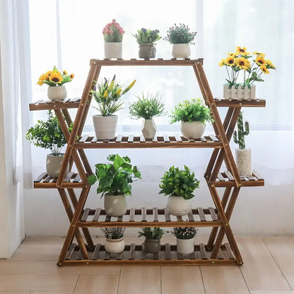 DecorBites™ large wood flower rack plant stand with four-tiered triangular foldable slatted shelves for plants