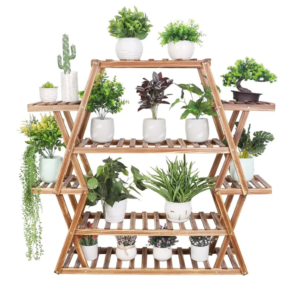 DecorBites™ large wood flower rack plant stand with four tiers natural finish and white ceramic pots display