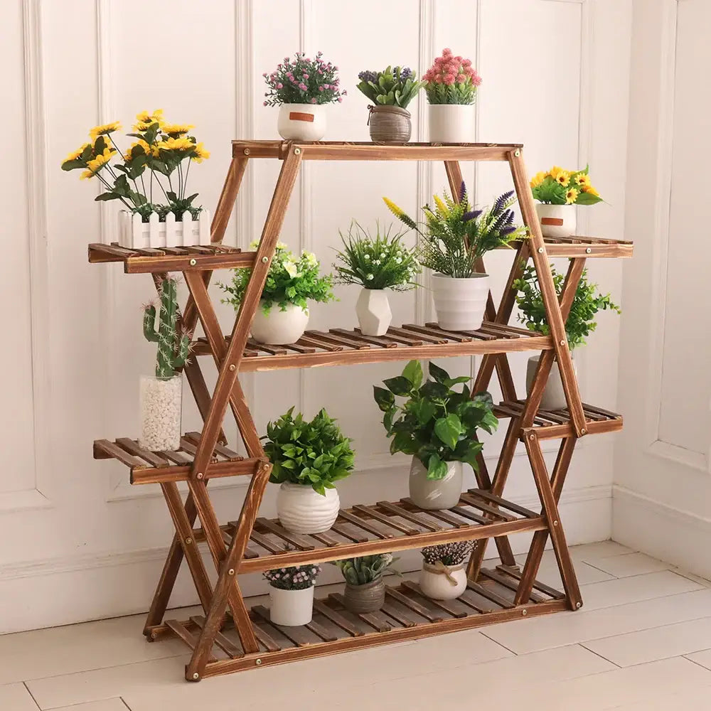 Decorbites large wood flower rack plant stand with four slatted shelves holding potted plants in white and gray pots