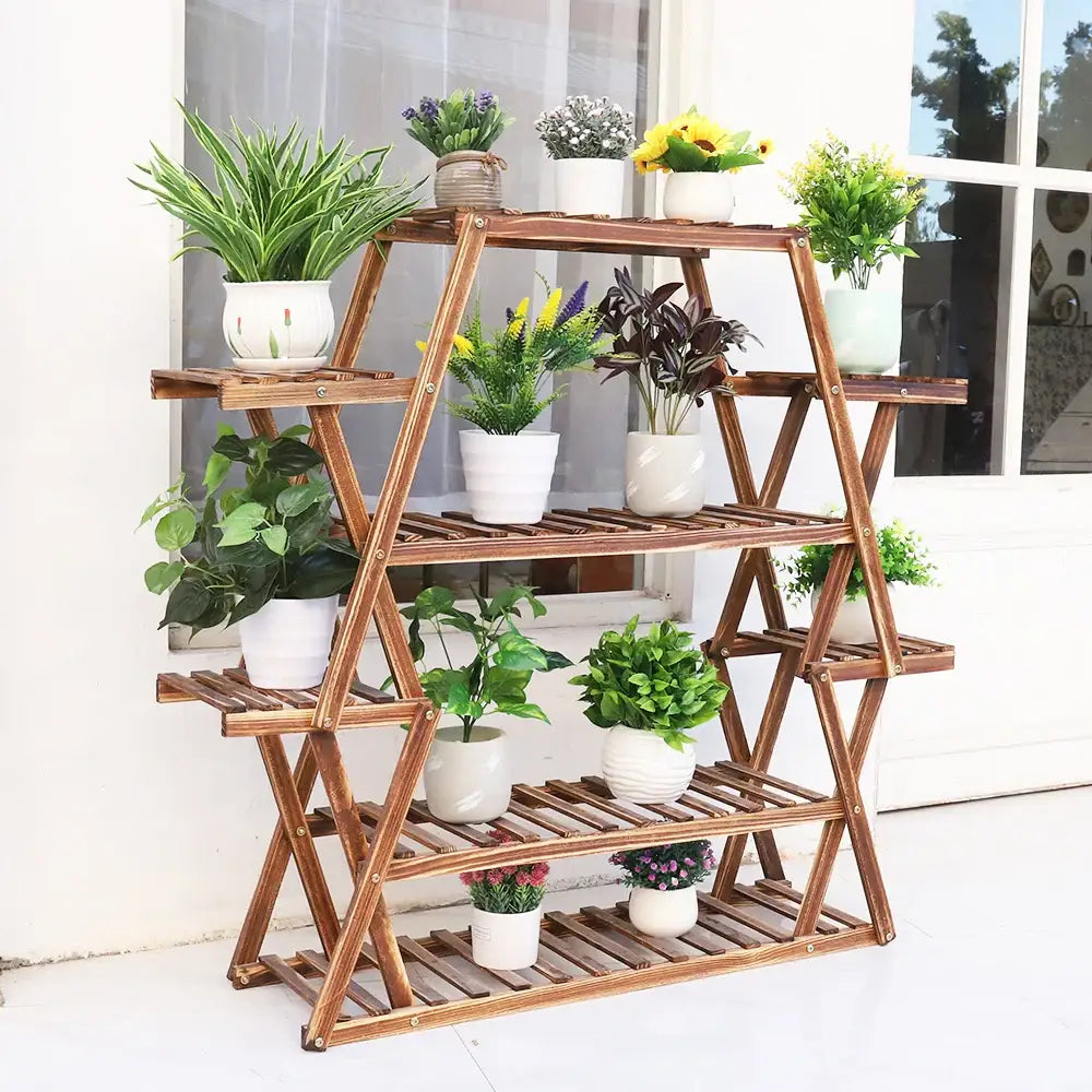 Decorbites™ large wood flower rack plant stand with rustic a-frame design holding white ceramic potted plants