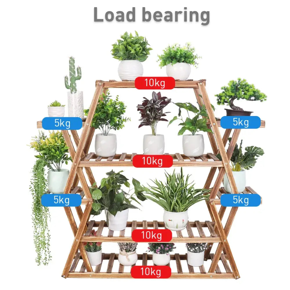 Decorbites large wood flower rack plant stand is a sturdy light brown a-frame rack plant stand with four slatted shelves