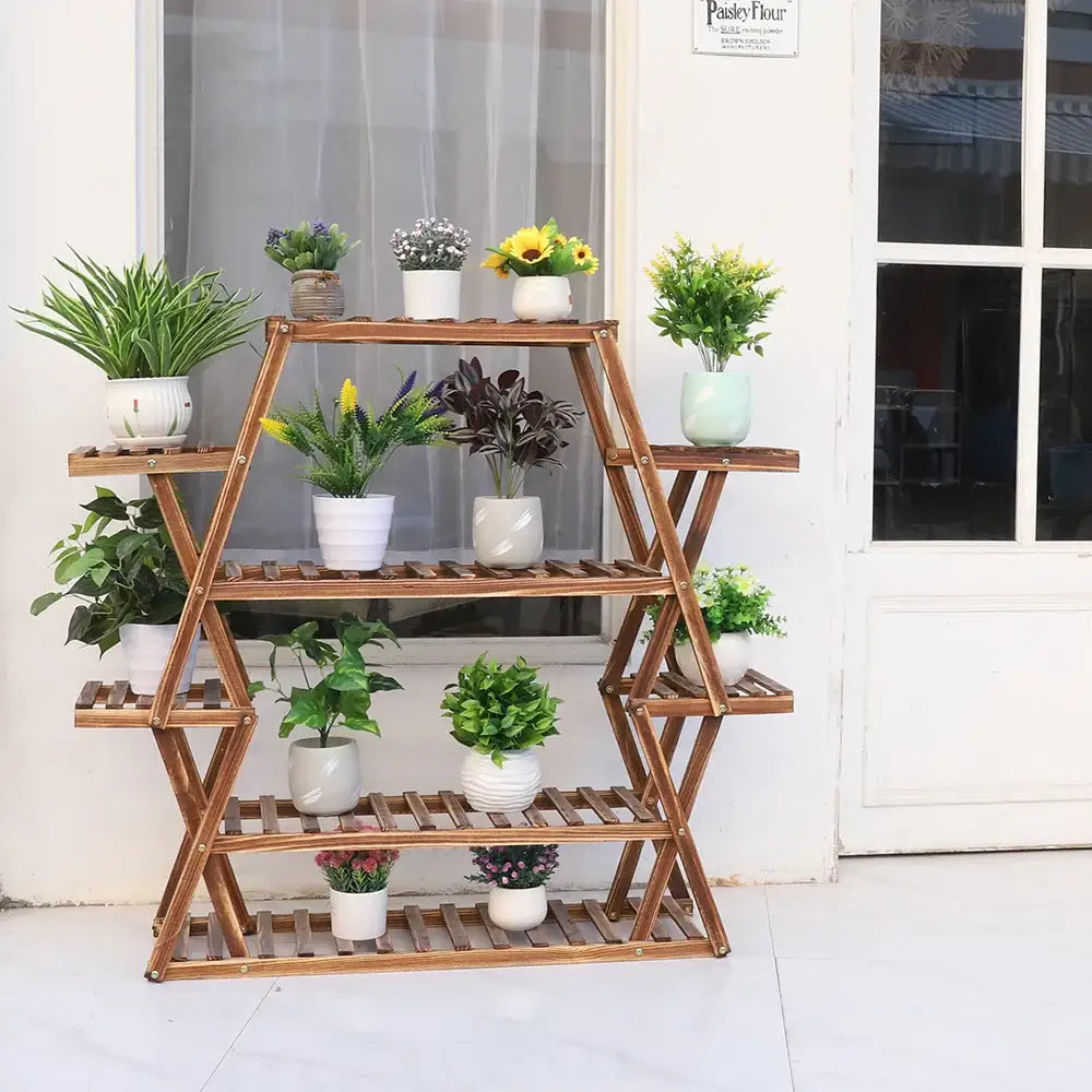 DecorBites large wood flower rack plant stand with natural finish and multi-tiered slatted shelves for plants