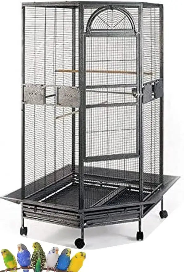 Black wrought iron large parrot cage with arched top and rolling base for flight bird decor by decorbites