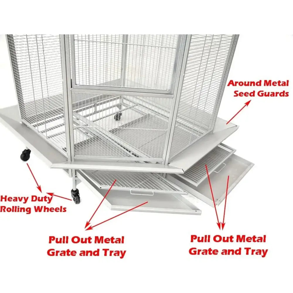 Silver wrought iron parrot cage with pull-out trays and heavy-duty rolling wheels for flight bird housing