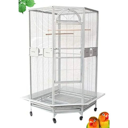 Silver wrought iron parrot cage with arched top wooden perches and rolling base for flight bird housing