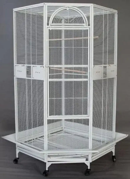 Decorbites large wrought iron white hexagonal parrot cage with arched top and wheeled base for flight birds