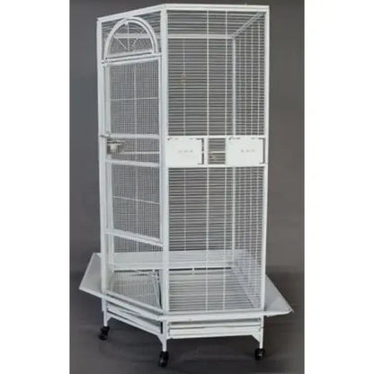 White wrought iron large parrot cage with arched top and rolling base designed for flight bird safety and comfort