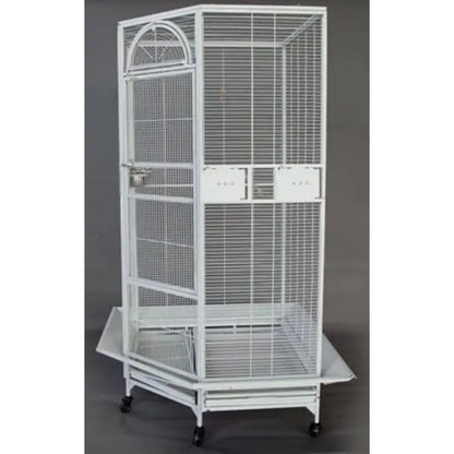 White wrought iron parrot cage with arched top and wheeled base for flight bird housing by decorbites