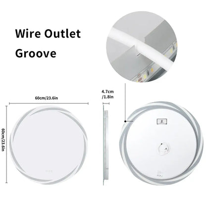 Decorbites™ led backlit round bathroom vanity mirror with circular led ceiling light, white finish, concentric ring design, and cable groove