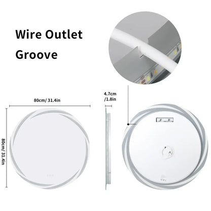 DecorBites led backlit round bathroom vanity mirror with a circular white led ceiling light and silver trim modern design